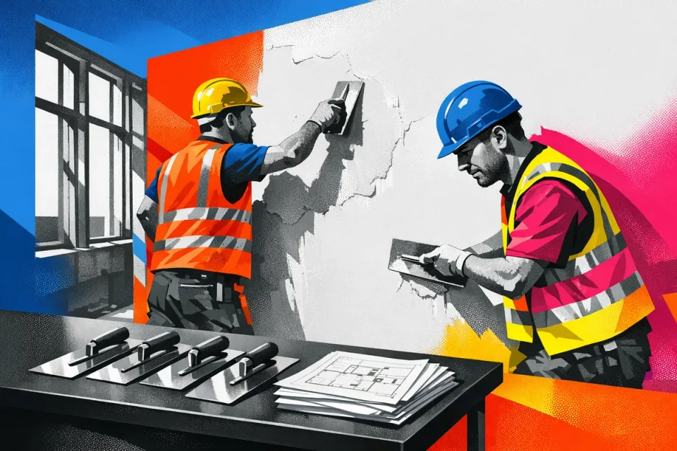 Builders plastering a wall with coloured geometric blocks and shadows