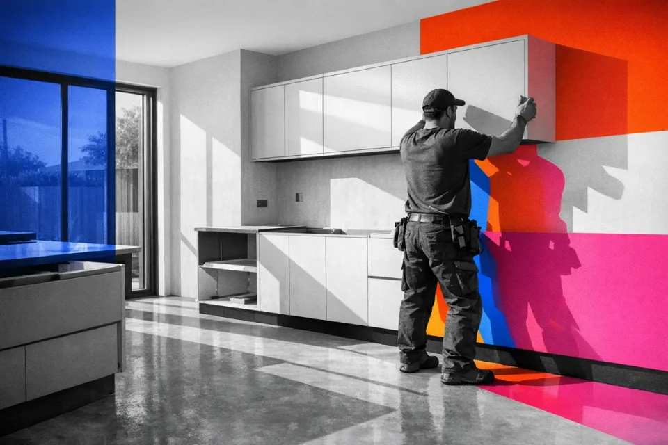 Tradesperson fitting kitchen cabinets with coloured geometric blocks and shadows