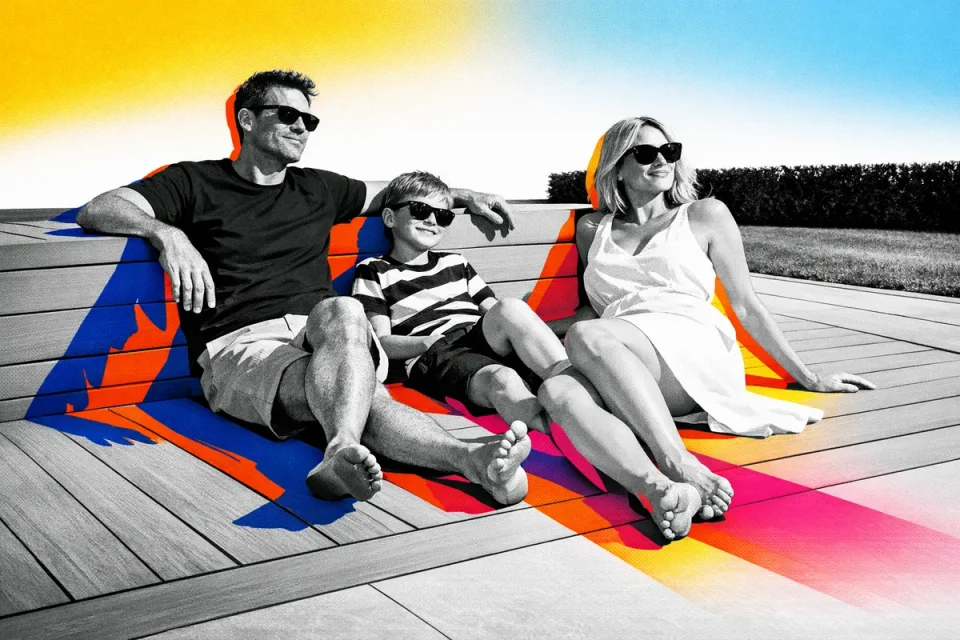 Family relaxing outdoors with coloured geometric blocks and shadows