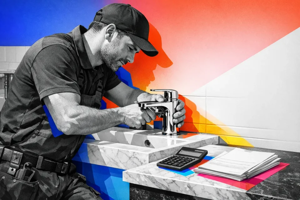 Tradesperson working at a bench with coloured geometric blocks and shadows