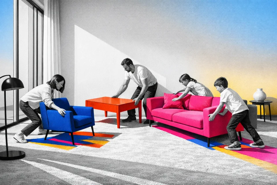 Movers arranging bright furniture with coloured geometric blocks and shadows