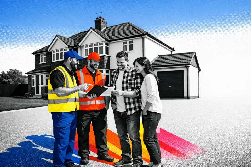 Builders and homeowners outside a house with coloured geometric blocks and shadows