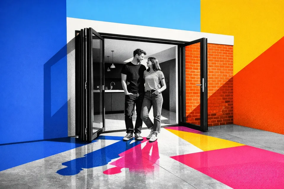 Couple standing in a doorway with coloured geometric blocks and shadows