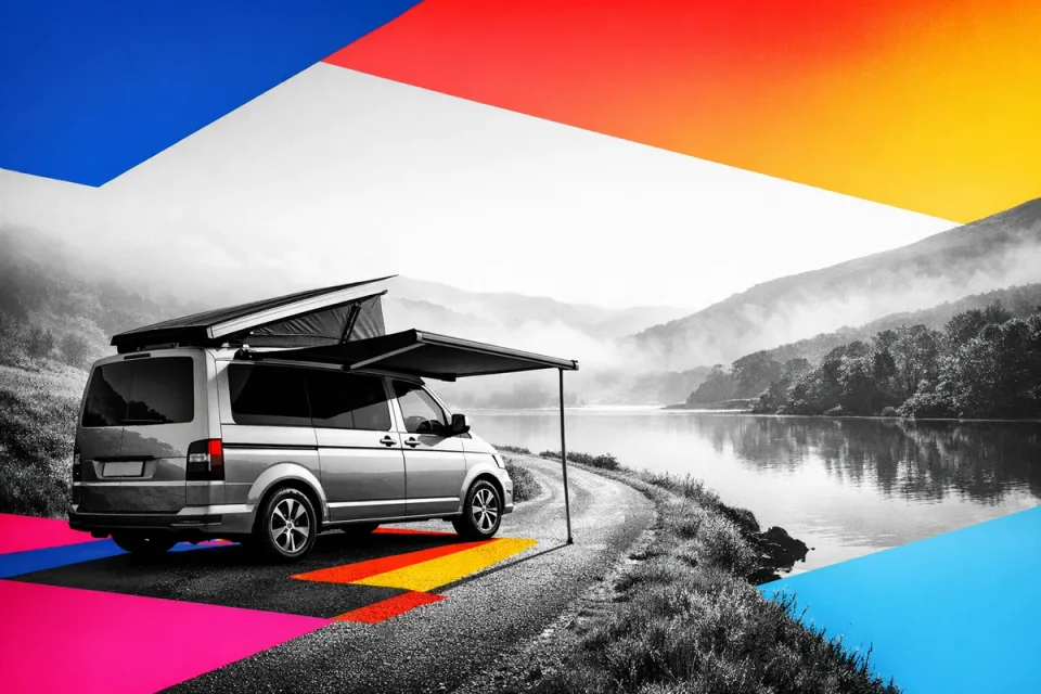 Camper van beside a lake with coloured geometric blocks and shadows