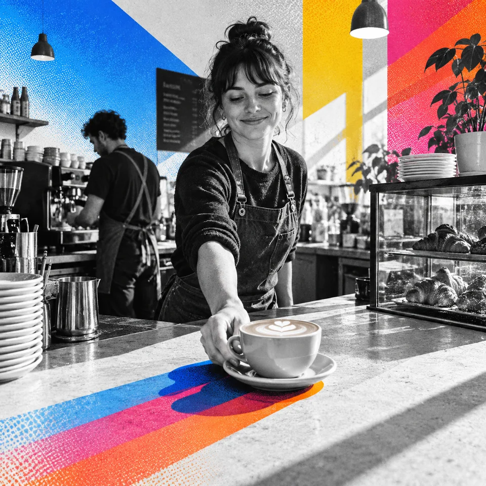 Barista serving a flat white, prompt V6