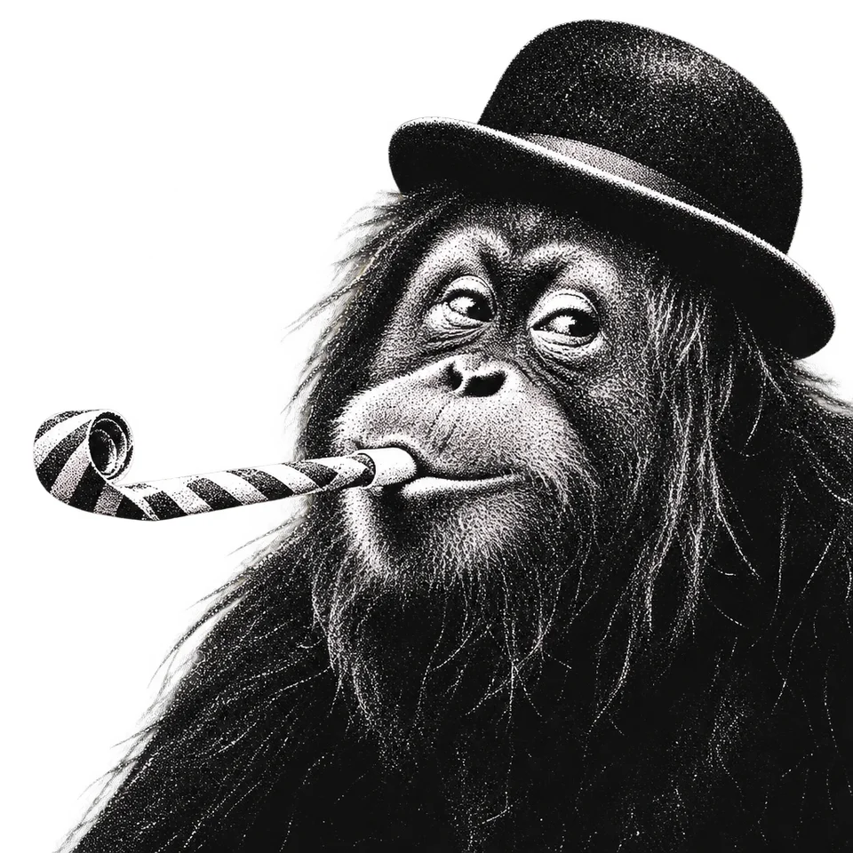 Orangutan blowing a party whistle, prompt V3