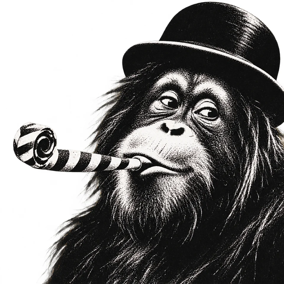 Orangutan blowing a party whistle, prompt V8