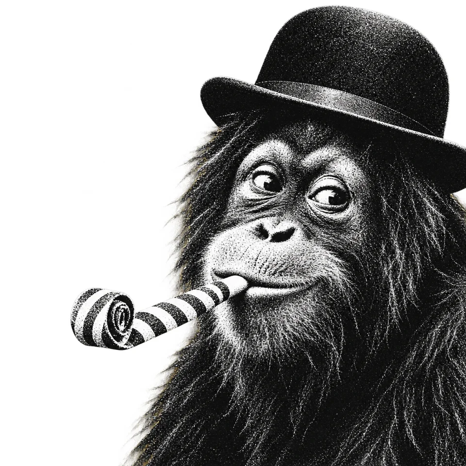 Orangutan blowing a party whistle, prompt V1