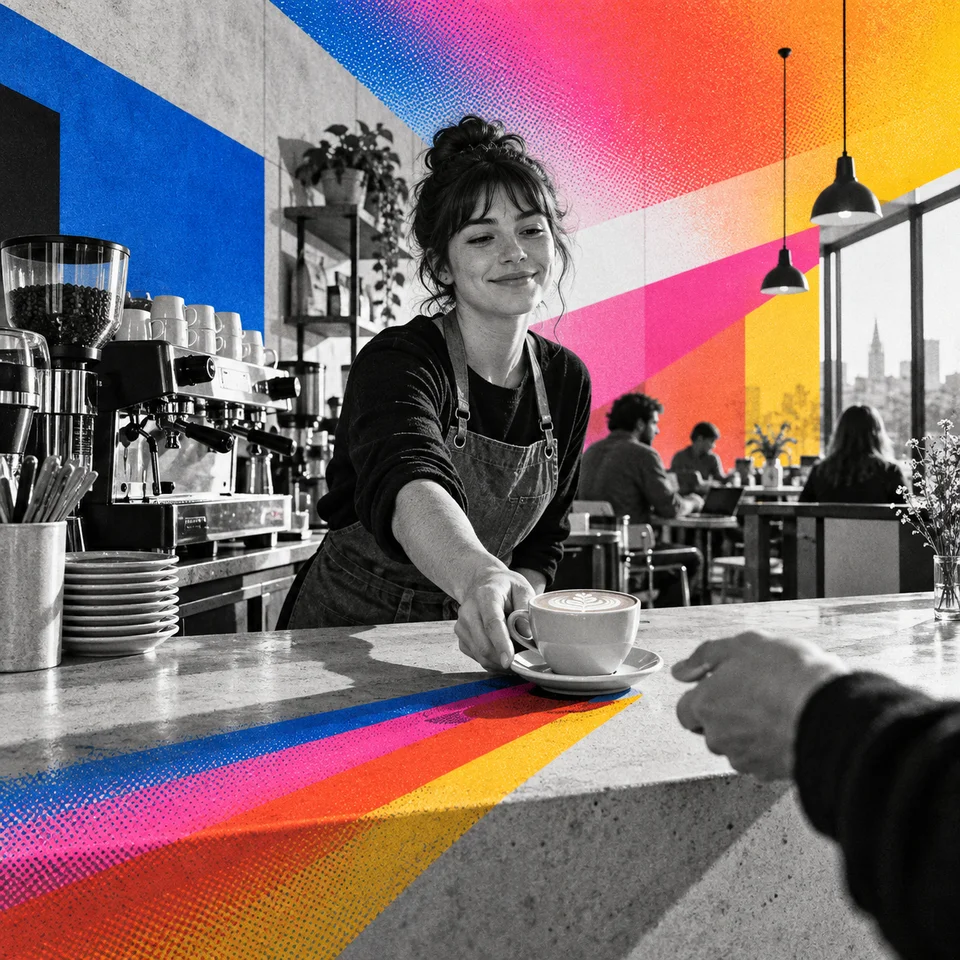 Barista serving a flat white, prompt V1