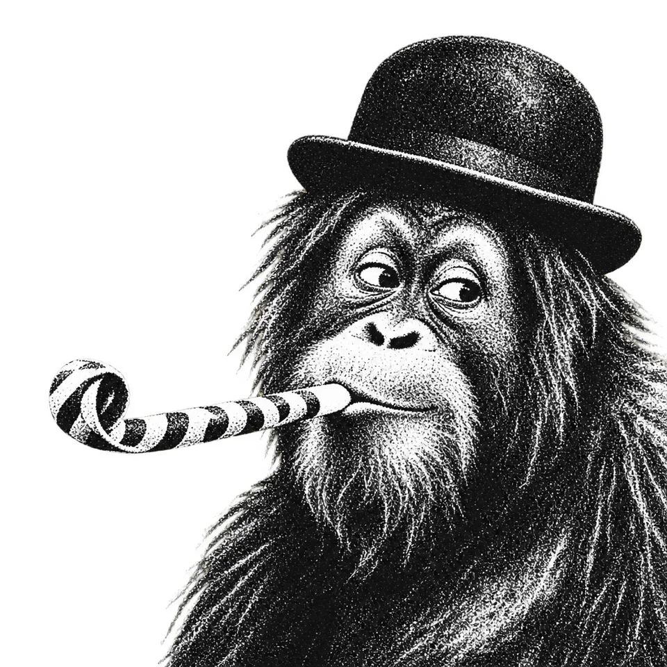 Orangutan blowing a party whistle, prompt V6