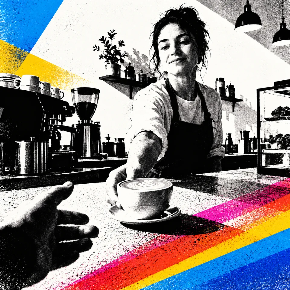 Barista serving a flat white, prompt V8