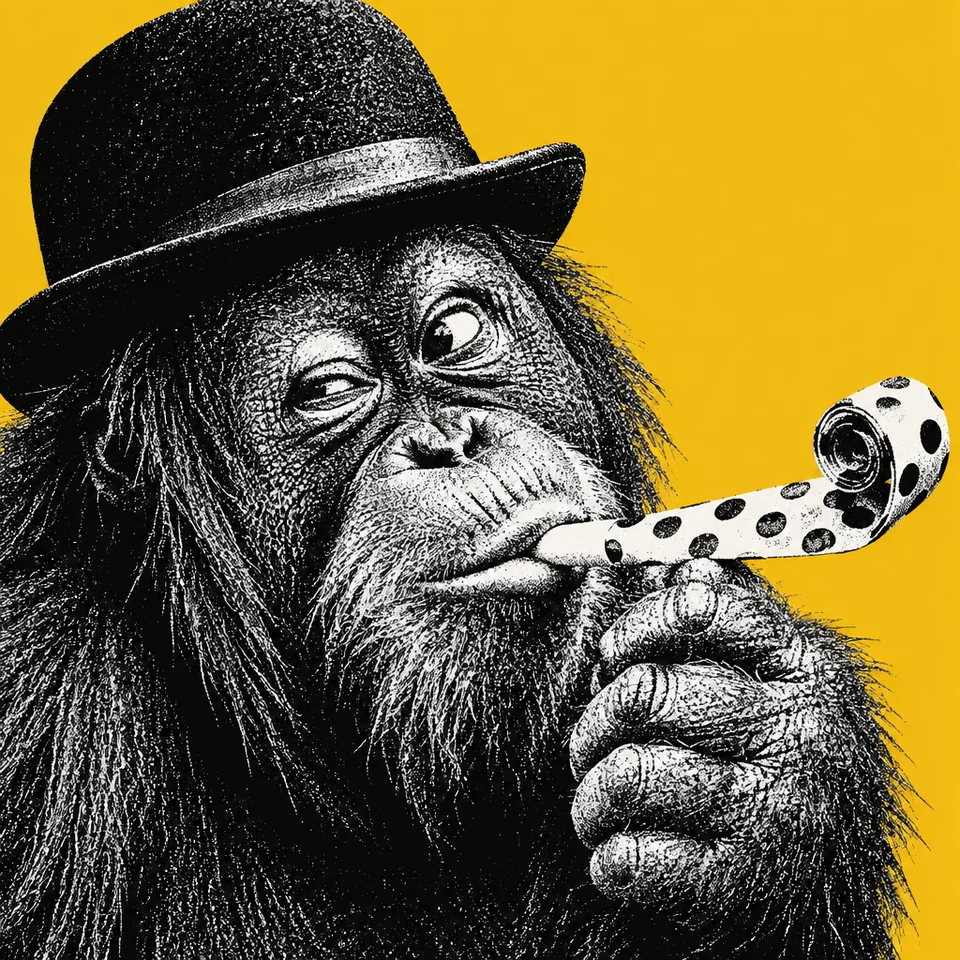 Orangutan blowing a party whistle, prompt V4