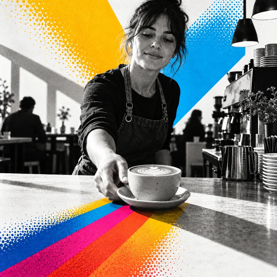 Barista serving a flat white, prompt V7