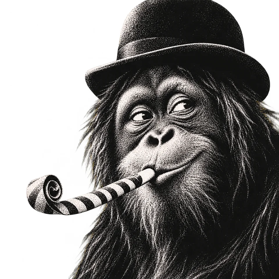 Orangutan blowing a party whistle, prompt V7