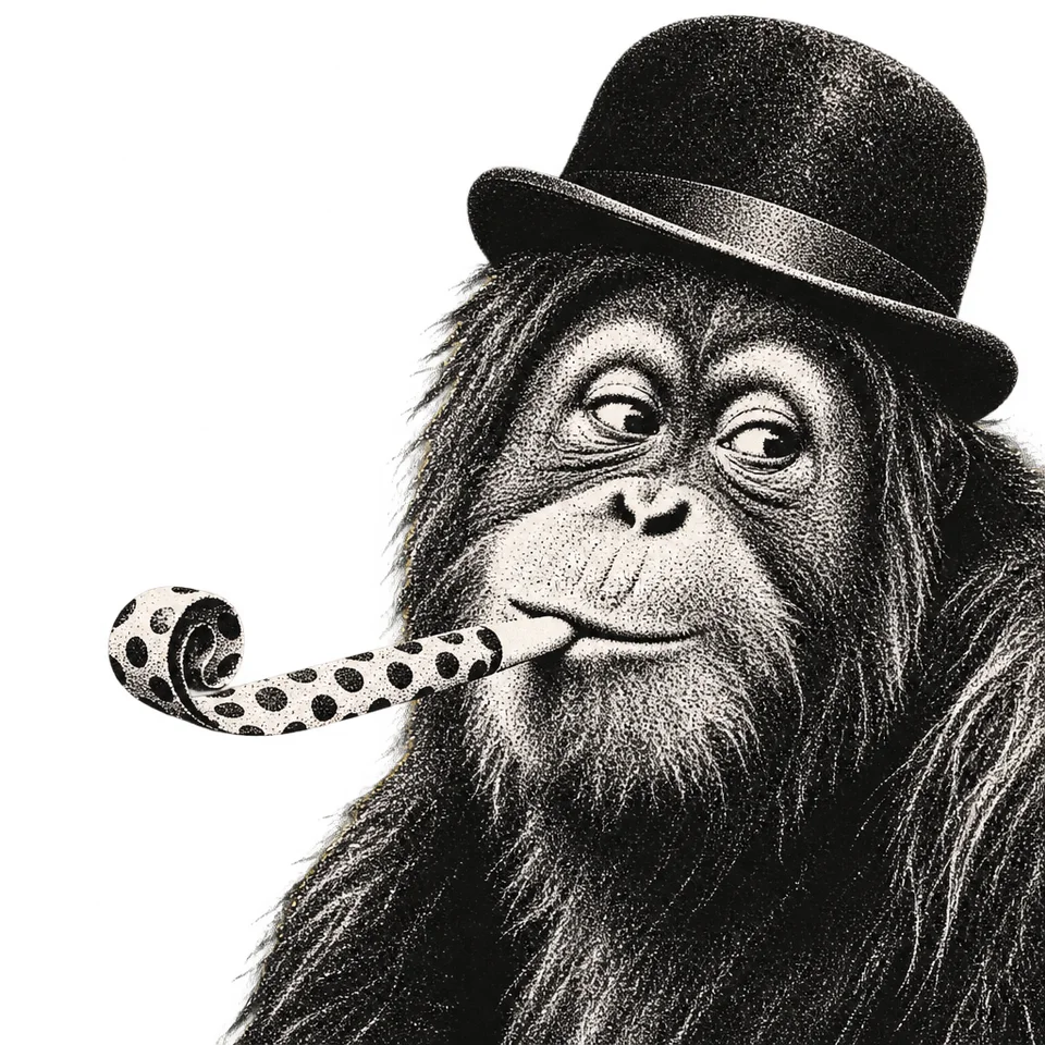 Orangutan blowing a party whistle, prompt V5