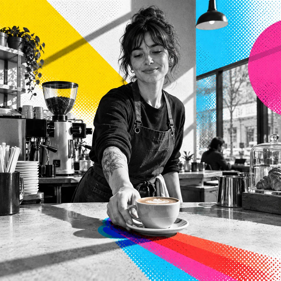 Barista serving a flat white, prompt V2
