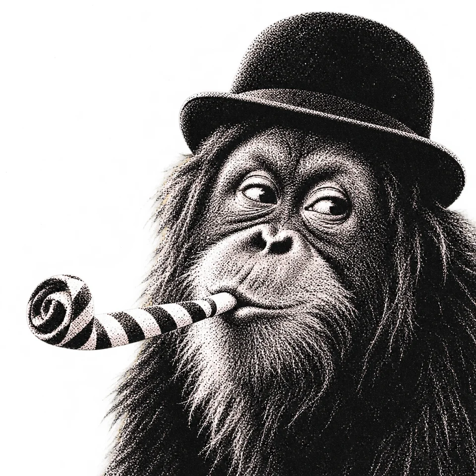 Orangutan blowing a party whistle, prompt V2