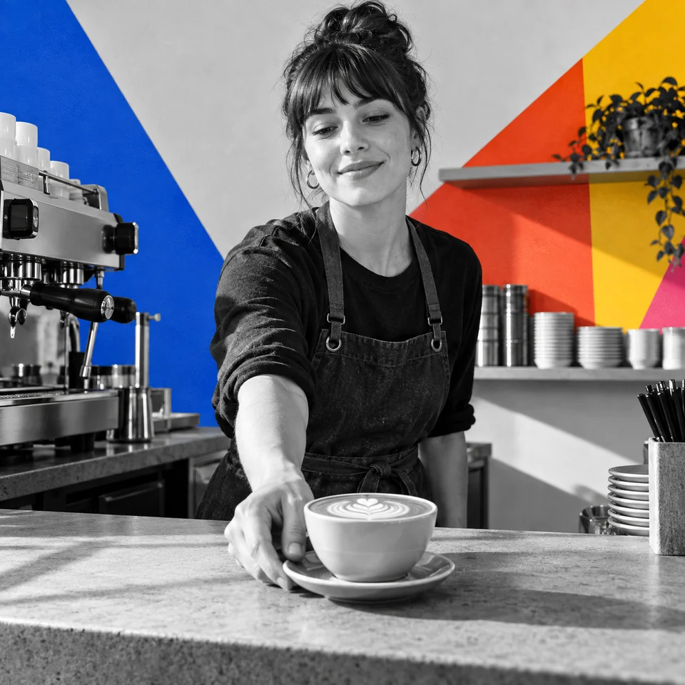 Barista serving a flat white, prompt V5