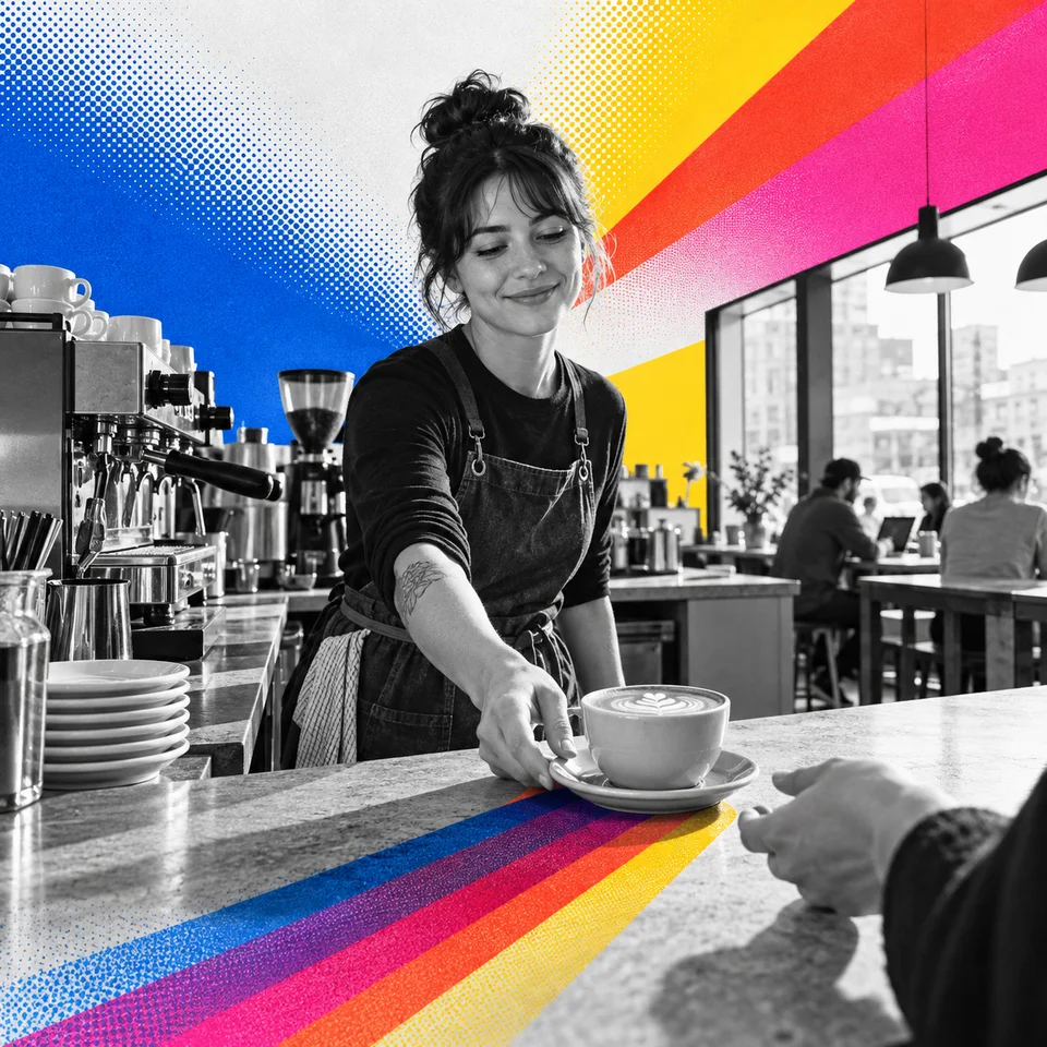 Barista serving a flat white, prompt V3