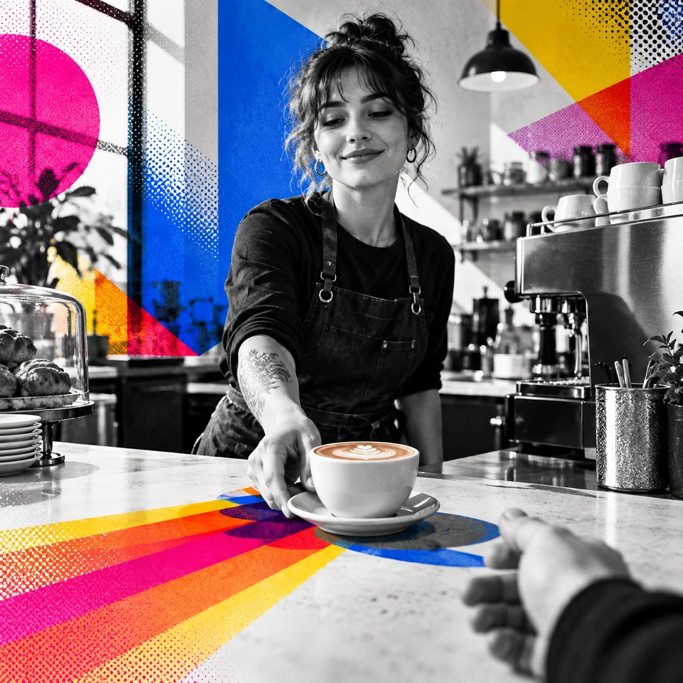 Barista serving a flat white, prompt V4