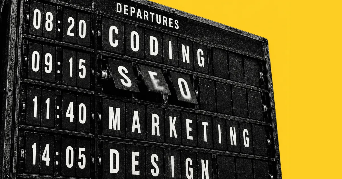 Illustration of an old split-flap airport departures board in black stipple on flat marigold yellow, its rows reading Coding, SEO, Marketing and Design, with the SEO flaps caught mid-flip